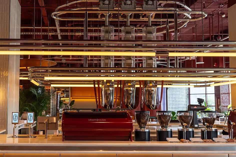 Coffee beans move through the ceiling at this Dubai café Sheikh Mohammed visited