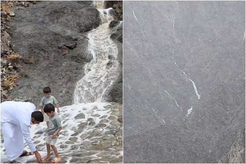 Rains trigger waterfalls in Khor Fakkan mountains as kids play in flowing waters